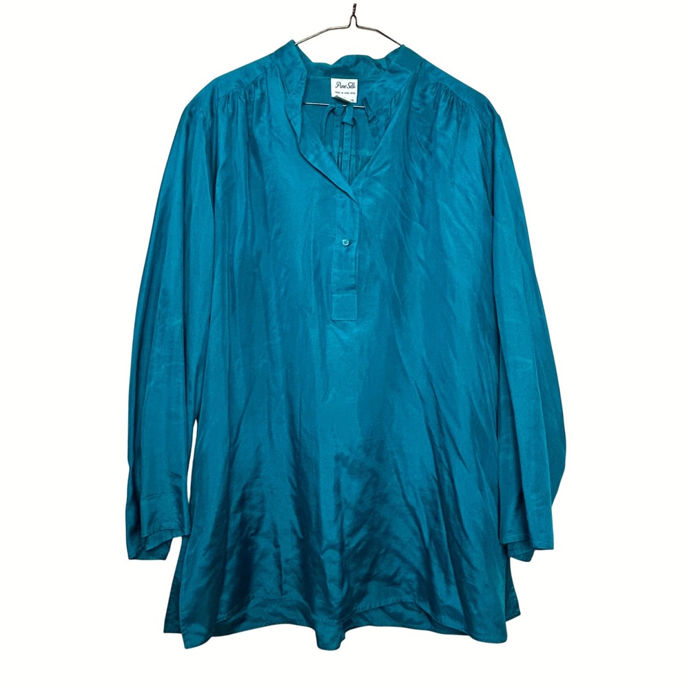 Pure Silk Tunic Blouse Womens 18 Teal Blue Jewel Tone Oversized Boho Coastal 90s